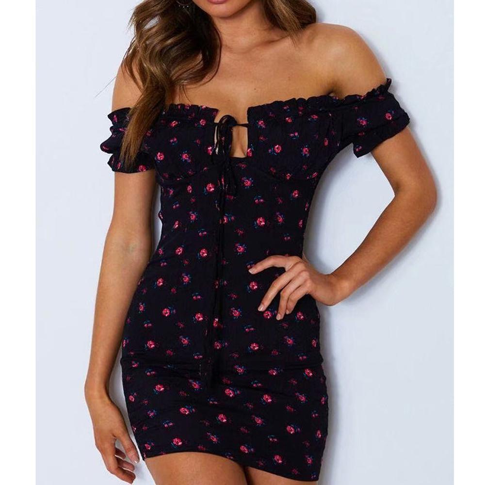 Women's Floral Off Shoulder Tie Up Front Ruffle Mini Dress