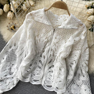 Women Lace Hollow Out Short Blouse Casual Lantern Long Sleeve Stand Collar Shirts
