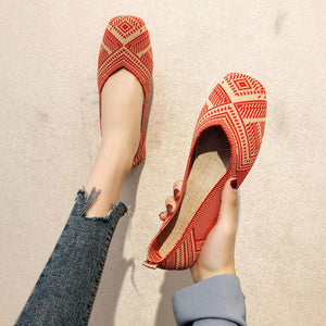 Women Square Toe Knit Fabric Loafers Breathable Shoes