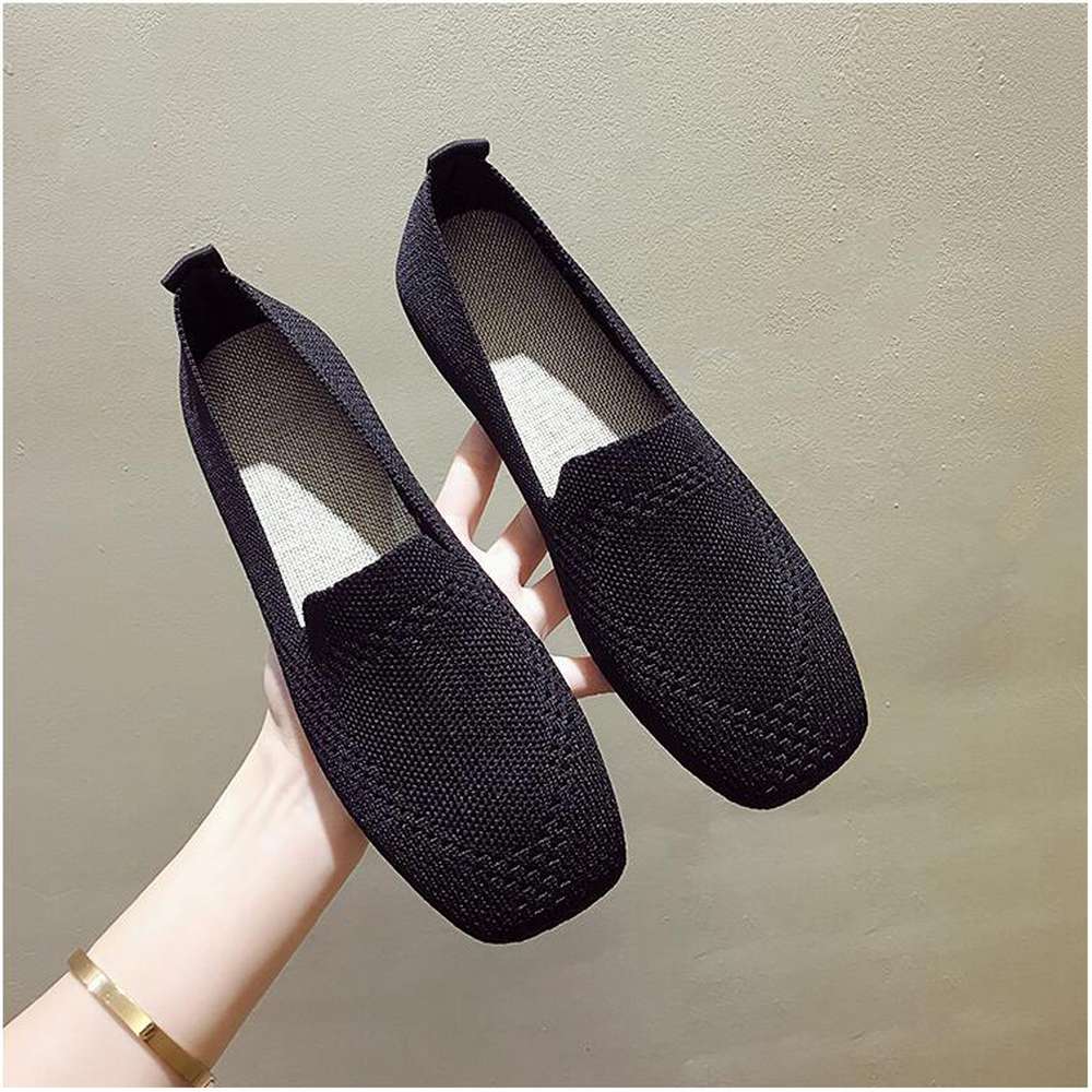 Women Square Toe Knit Fabric Loafers Breathable Shoes