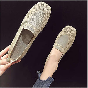 Women Square Toe Knit Fabric Loafers Breathable Shoes
