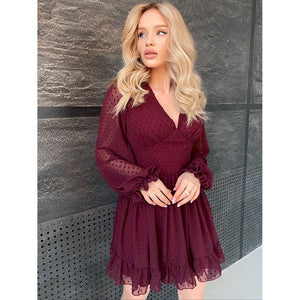 Women Ruffles Trim Deep V Neck Chiffon Dress