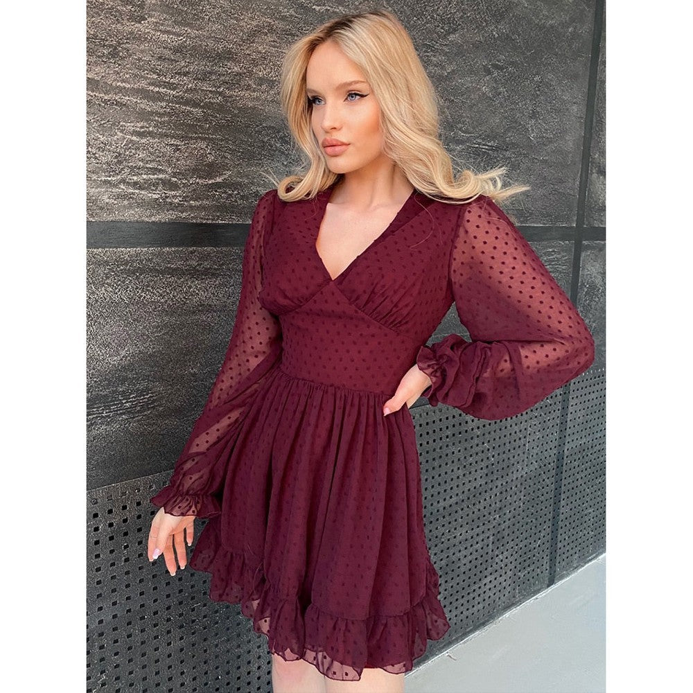 Women Ruffles Trim Deep V Neck Chiffon Dress