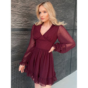 Women Ruffles Trim Deep V Neck Chiffon Dress