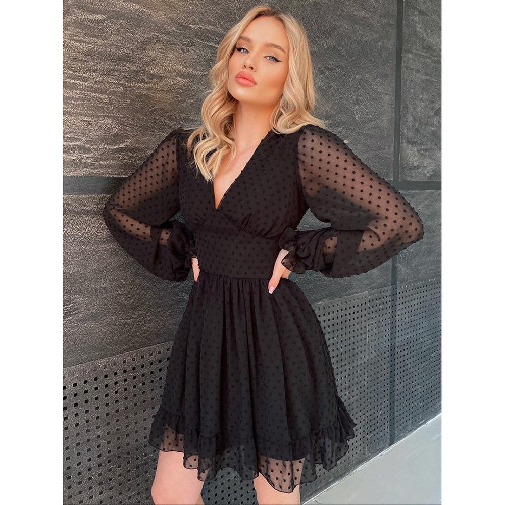 Women Ruffles Trim Deep V Neck Chiffon Dress