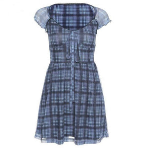 Women Lattice Pattern A-Line Short Sleeve Mini Dress
