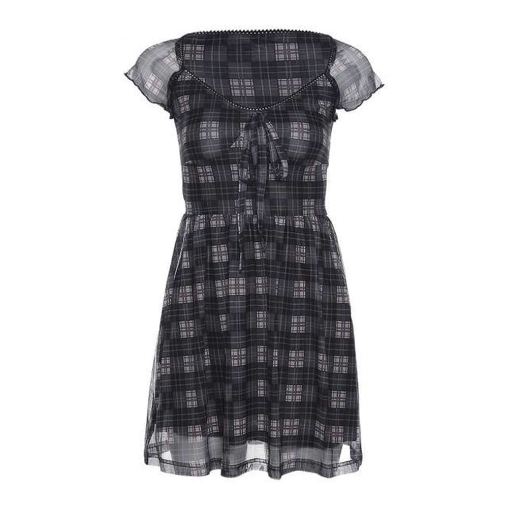 Women Lattice Pattern A-Line Short Sleeve Mini Dress