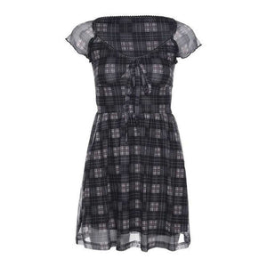Women Lattice Pattern A-Line Short Sleeve Mini Dress