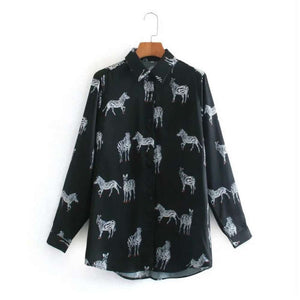 Women Satin Blouse Long Sleeve Zebra Print Shirts