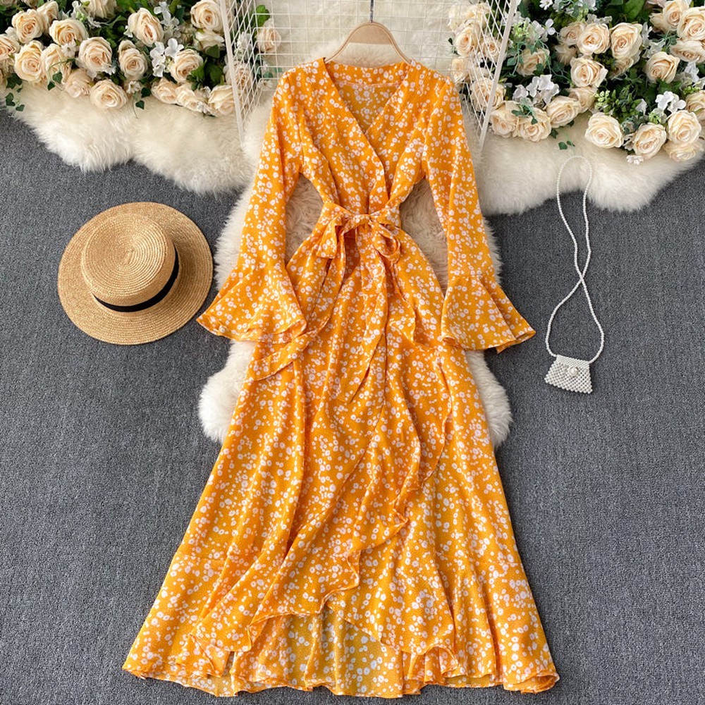 Women Trumpet Sleeve Lace-up Temperament Irregular Ruffled Dress