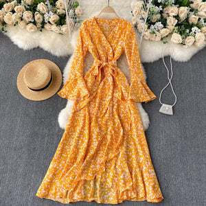 Women Trumpet Sleeve Lace-up Temperament Irregular Ruffled Dress
