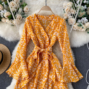 Women Trumpet Sleeve Lace-up Temperament Irregular Ruffled Dress