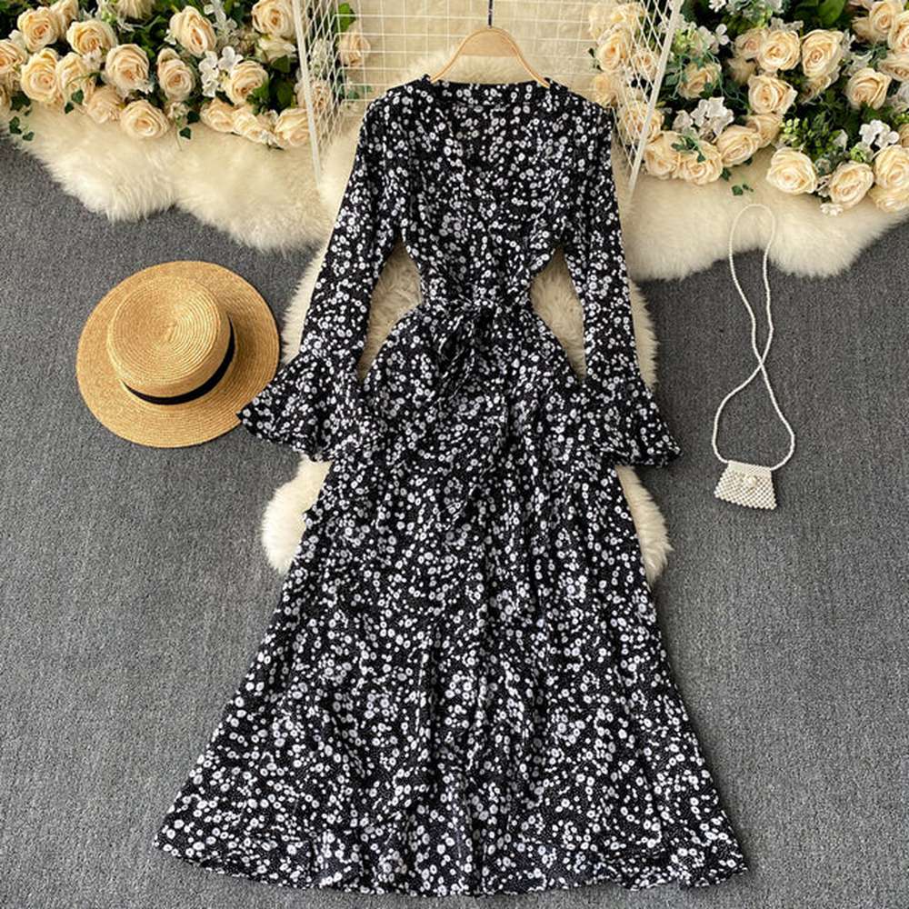 Women Trumpet Sleeve Lace-up Temperament Irregular Ruffled Dress