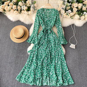 Women Trumpet Sleeve Lace-up Temperament Irregular Ruffled Dress