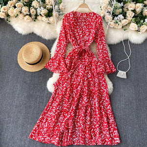 Women Trumpet Sleeve Lace-up Temperament Irregular Ruffled Dress