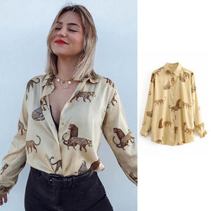 Women Satin Blouse Long Sleeve Zebra Print Shirts