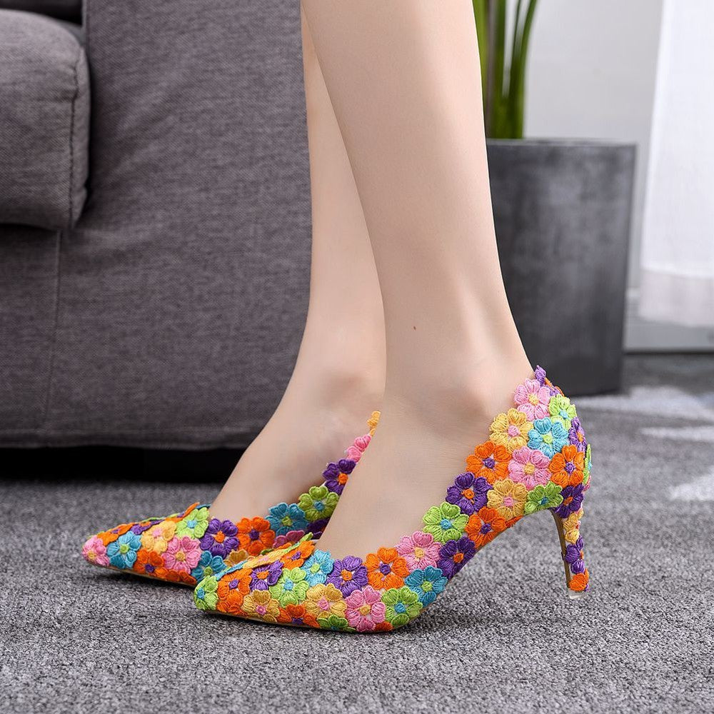 Women Multicolour Handmade Lace Wedding Party High Heels Shoes