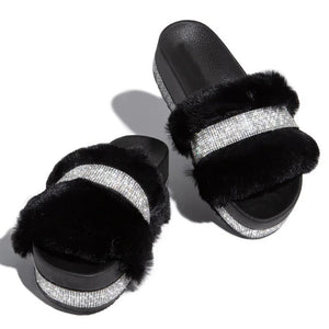 Women Fur Rhinestone Platform Wedges Heel Slippers