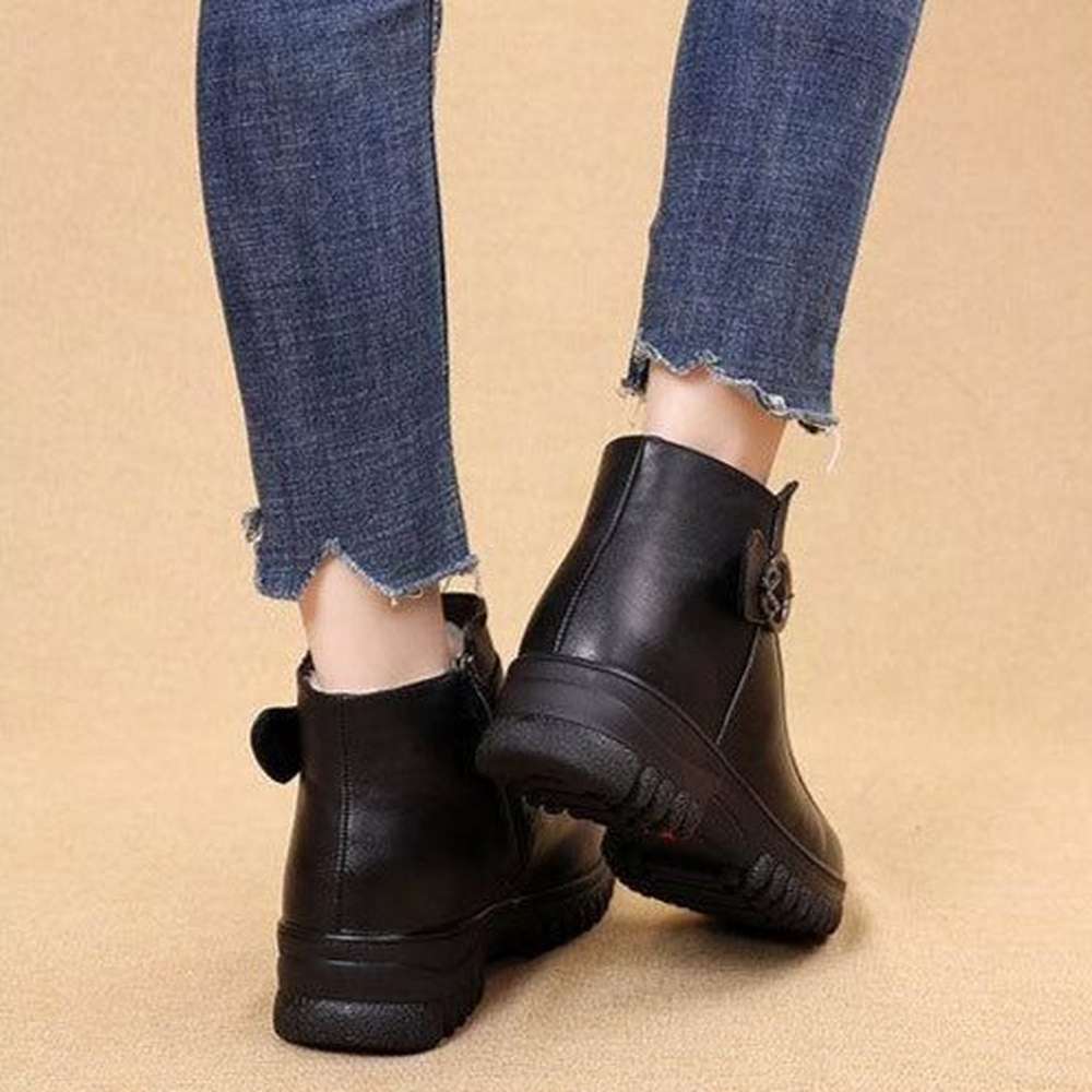 Women Leather Ankle Warm Boots Plush Wedge Shoes