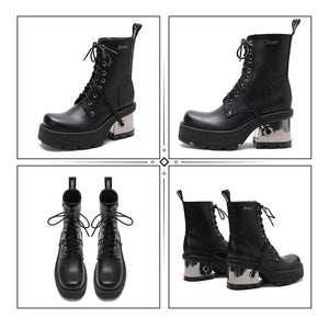 Women Metal Heel Black Punk Platform Motorcycle Boots Rubber Sole Thick Heel Leather Demonia Boots