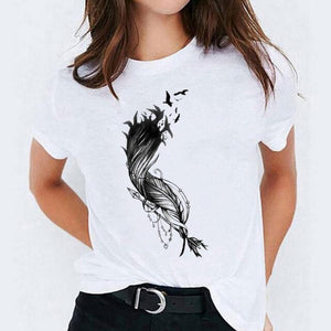 Women Watercolor Feather Cartoon Graphic Print T-shirts