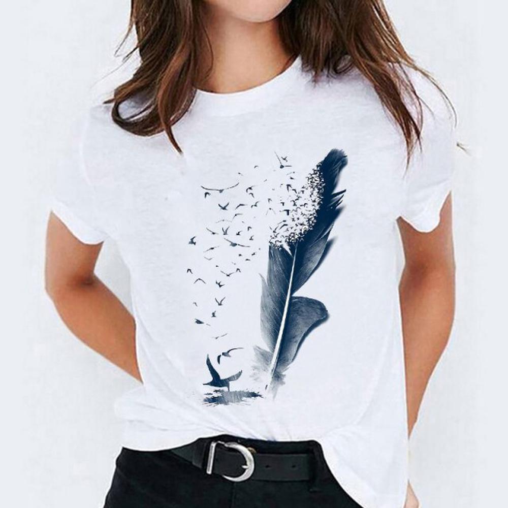 Women Watercolor Feather Cartoon Graphic Print T-shirts