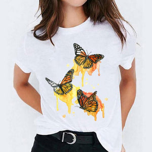 Women Watercolor Feather Cartoon Graphic Print T-shirts