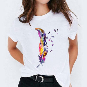 Women Watercolor Feather Cartoon Graphic Print T-shirts