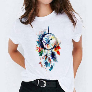 Women Watercolor Feather Cartoon Graphic Print T-shirts