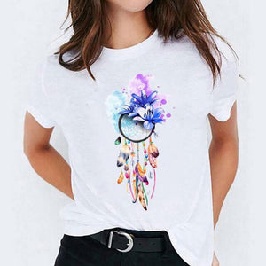 Women Watercolor Feather Cartoon Graphic Print T-shirts