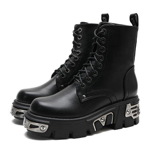 Women Ankle Boots Chunky Heel Black Metal Decor Motorcycle Boots