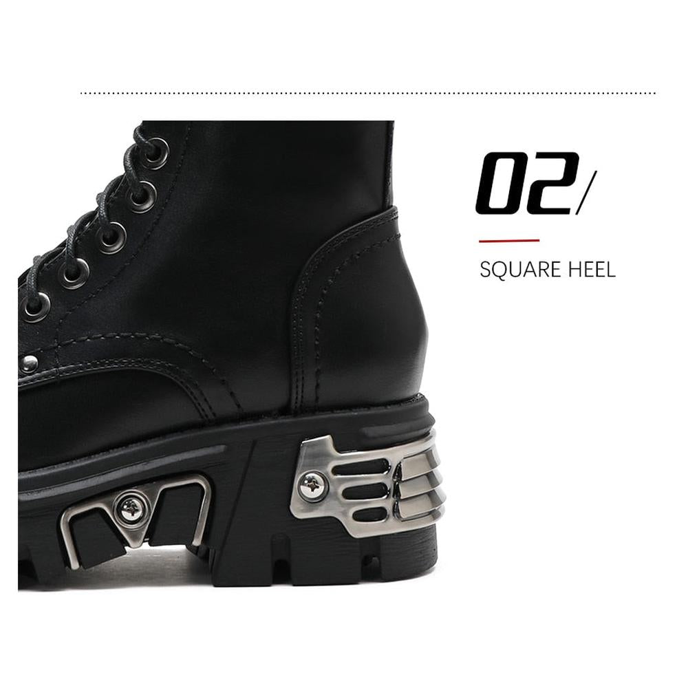 Women Ankle Boots Chunky Heel Black Metal Decor Motorcycle Boots