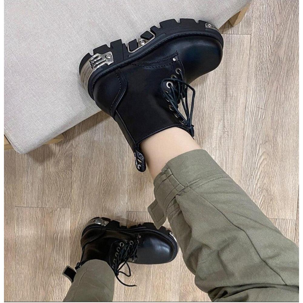 Women Ankle Boots Chunky Heel Black Metal Decor Motorcycle Boots