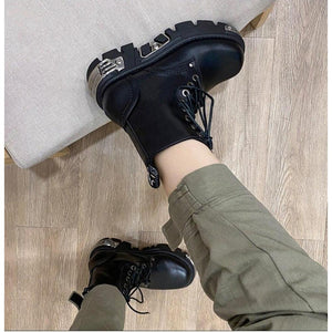 Women Ankle Boots Chunky Heel Black Metal Decor Motorcycle Boots
