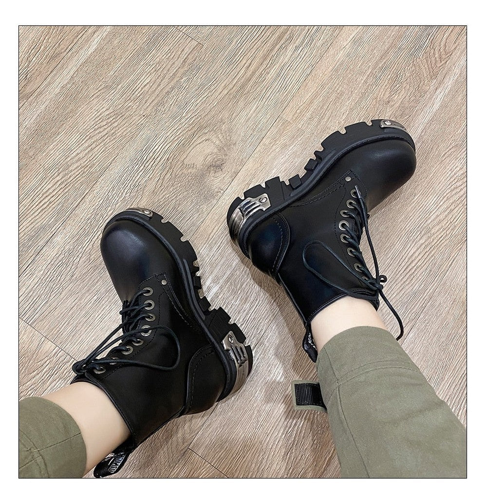 Women Ankle Boots Chunky Heel Black Metal Decor Motorcycle Boots