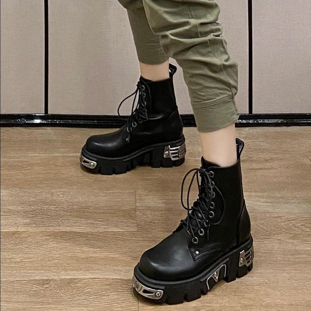 Women Ankle Boots Chunky Heel Black Metal Decor Motorcycle Boots