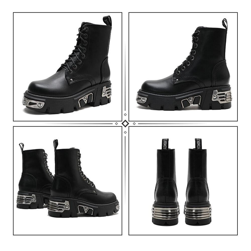 Women Ankle Boots Chunky Heel Black Metal Decor Motorcycle Boots