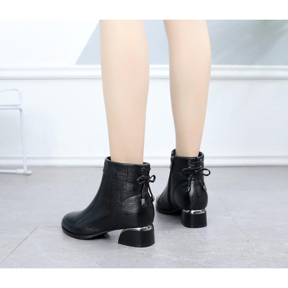 Women Ankle Boots Pointed Toe Thick Heels Genuine Leather Shoes