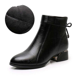 Women Ankle Boots Pointed Toe Thick Heels Genuine Leather Shoes