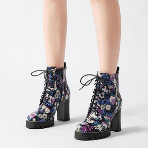 Women Flower High Heel Short Zipper Boots