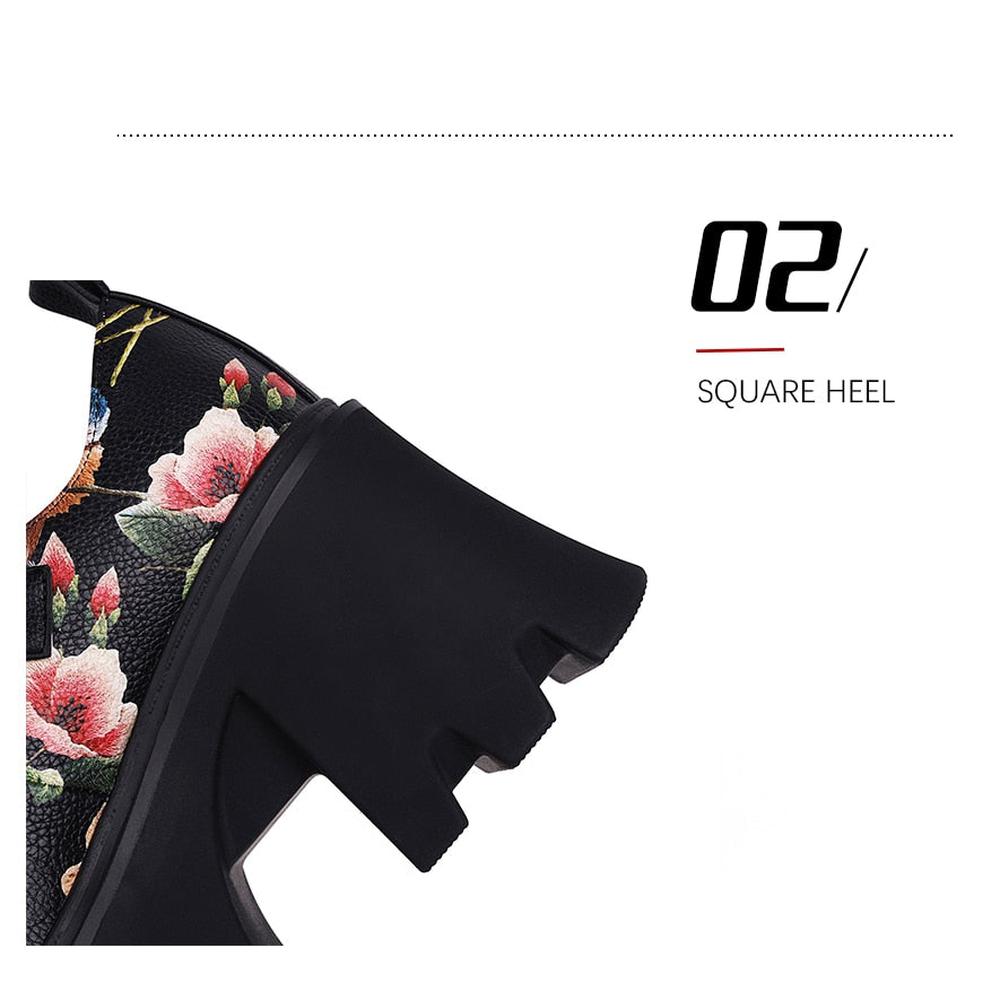 Women Thick Heel Vintage Printed Flower Rubber Sole Fall Shoes