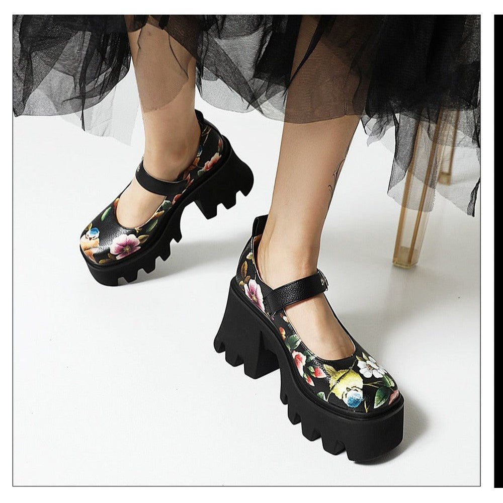 Women Thick Heel Vintage Printed Flower Rubber Sole Fall Shoes