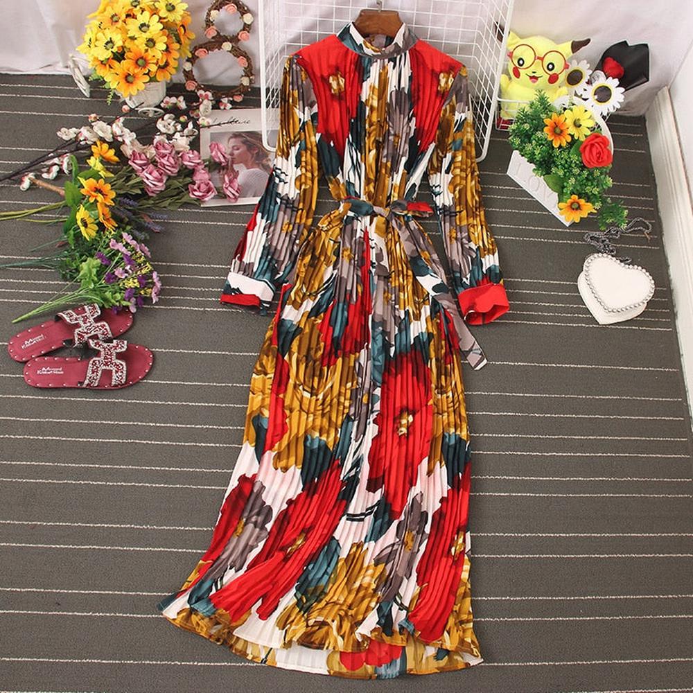 Women Temperament Turtleneck Waist Slim Lace Up Wild Floral Maxi Vestidos Dress
