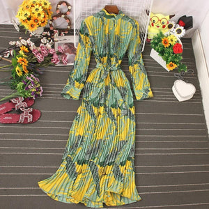 Women Temperament Turtleneck Waist Slim Lace Up Wild Floral Maxi Vestidos Dress