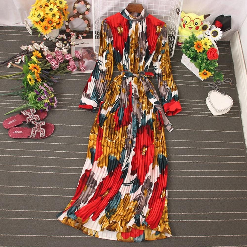Women Temperament Turtleneck Waist Slim Lace Up Wild Floral Maxi Vestidos Dress