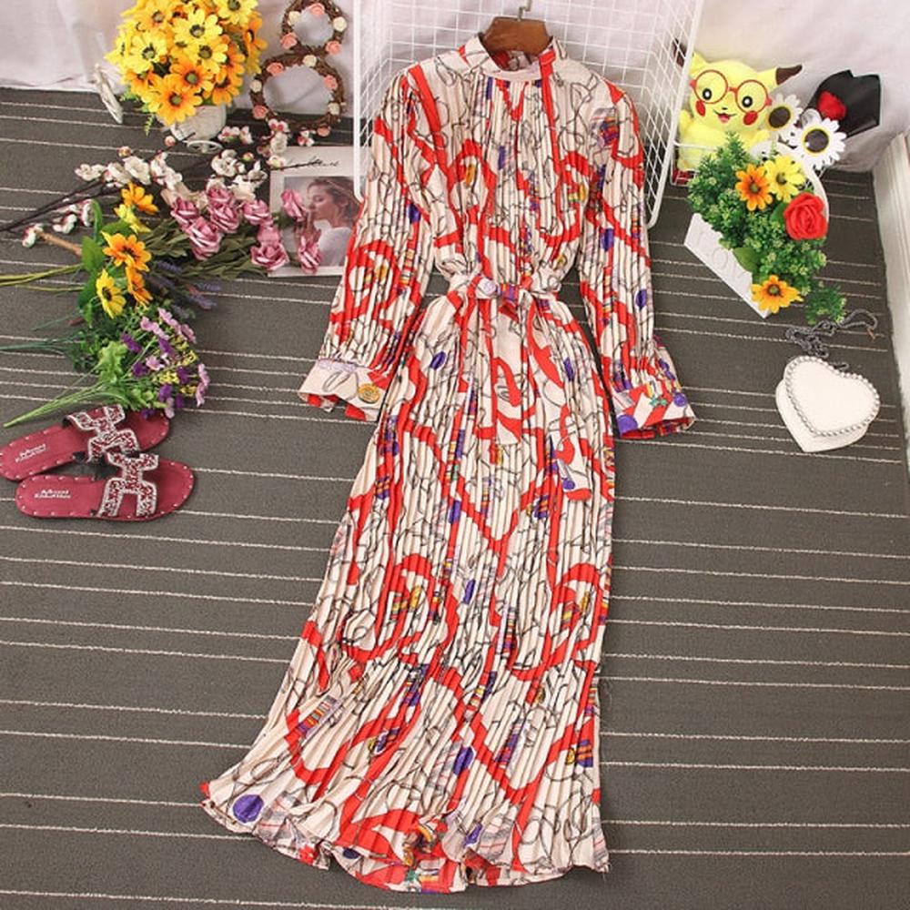 Women Temperament Turtleneck Waist Slim Lace Up Wild Floral Maxi Vestidos Dress