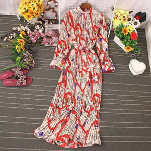 Women Temperament Turtleneck Waist Slim Lace Up Wild Floral Maxi Vestidos Dress