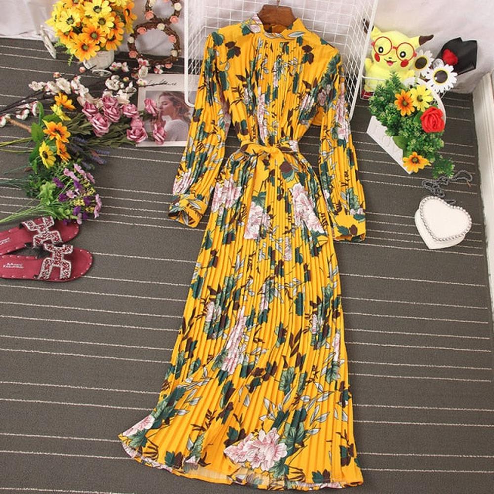Women Temperament Turtleneck Waist Slim Lace Up Wild Floral Maxi Vestidos Dress