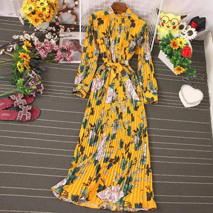 Women Temperament Turtleneck Waist Slim Lace Up Wild Floral Maxi Vestidos Dress