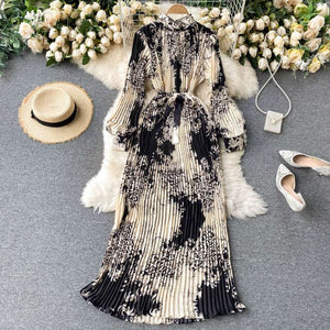 Women Temperament Turtleneck Waist Slim Lace Up Wild Floral Maxi Vestidos Dress